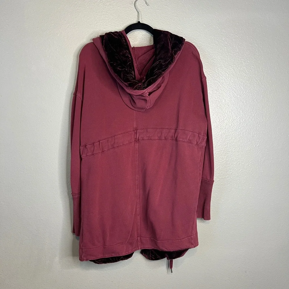 Free People Westwood Cardigan Size S Burgundy Velvet Trim Cloak Hood Dark Berry